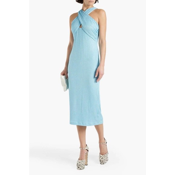 Monique Lhuillier Dresses & Skirts - Monique Lhuillier Women's Crossover cutout metallic ribbed-knit midi dress Sz 6